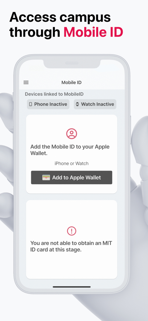 MIT Atlas - MIT Atlas app interface showing the Mobile ID setup screen with a button to add the digital ID to Apple Wallet.