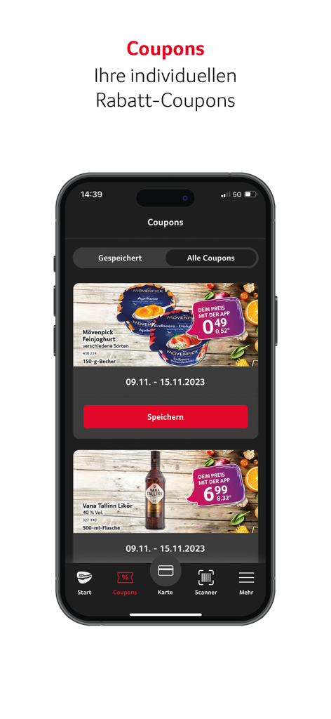 Selgros (New) - Screenshot der Selgros-App, der einzelne digitale Rabattcoupons für verschiedene Produkte anzeigt
