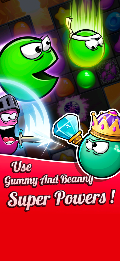 Personajes de Gummy y Beanny usando superpoderes especiales en Jewel World Candy Deluxe.