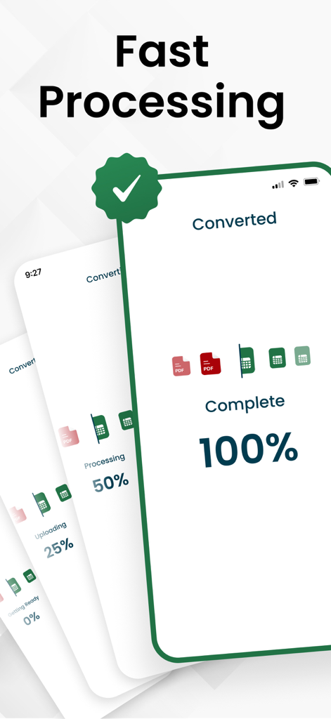 高速処理テキストが表示された、完了した100%のPDFからExcelへの変換を示すスマートフォンのインターフェイス