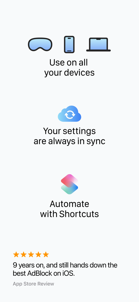 1Blocker - 1Blocker features showing multi-device sync and automation with Shortcuts.