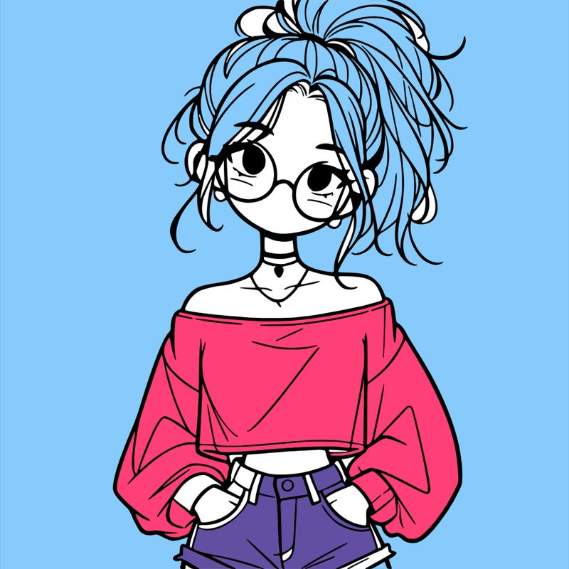 girl with a messy ponytail glasses a baggy crop top and jean shorts