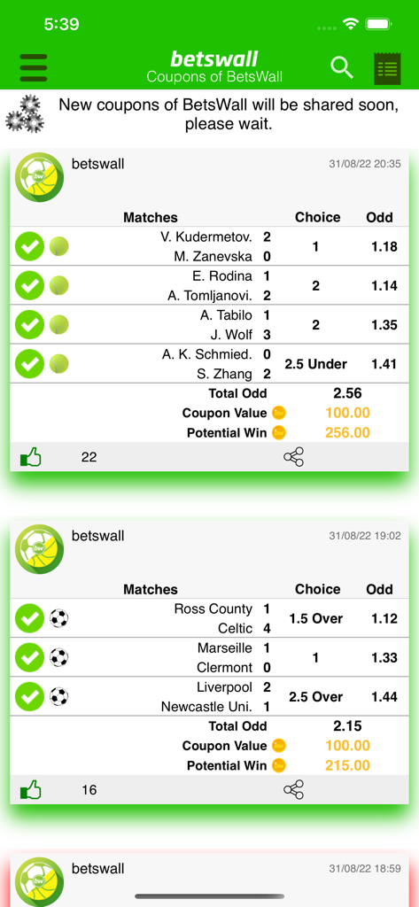 BetsWall app interface showing winning virtual bet coupons for football and tennis matches