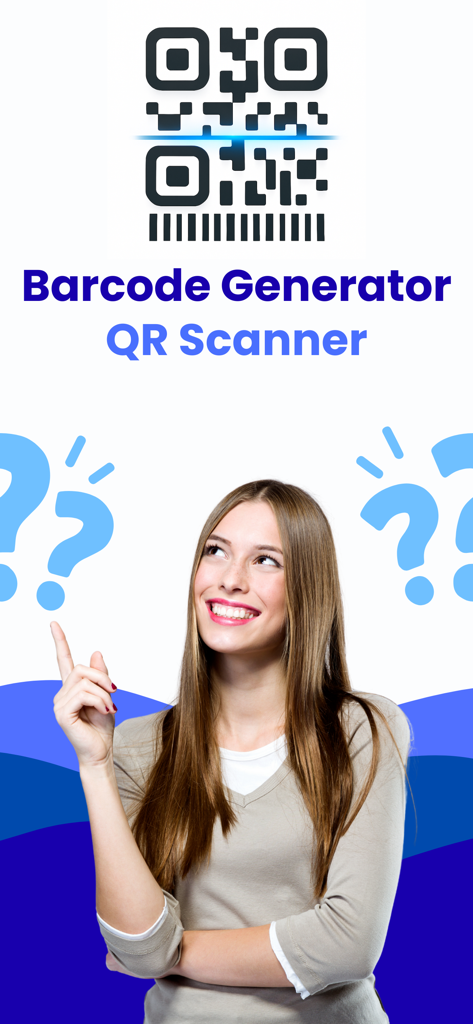 Promotional banner for Barcode Generator and QR Scanner app showing a woman pointing at the app title and logo