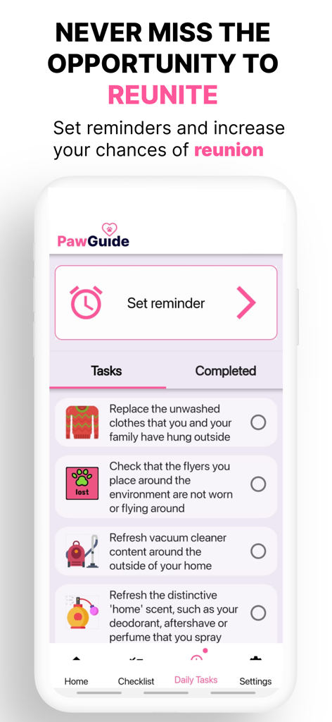 Paw Guide: Lost & Found Pets - Paw Guide app interface displaying a checklist of daily tasks and reminders to help find a lost pet.