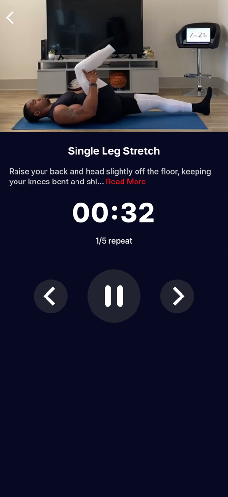 Kegel Trainer: Men's Health - A man performing a single leg stretch exercise as part of a pelvic floor training routine with a countdown timer