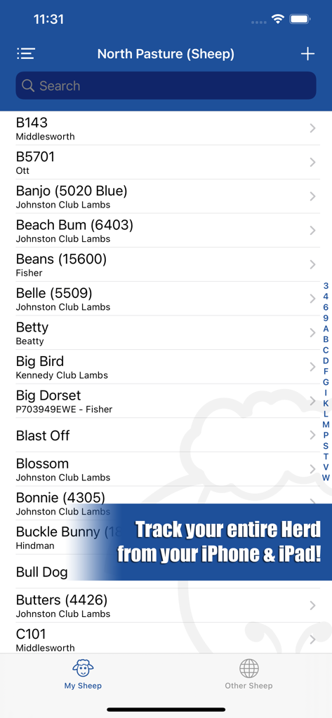 HerdBoss - A mobile app screen showing a list of sheep and breeder details for herd tracking in HerdBoss