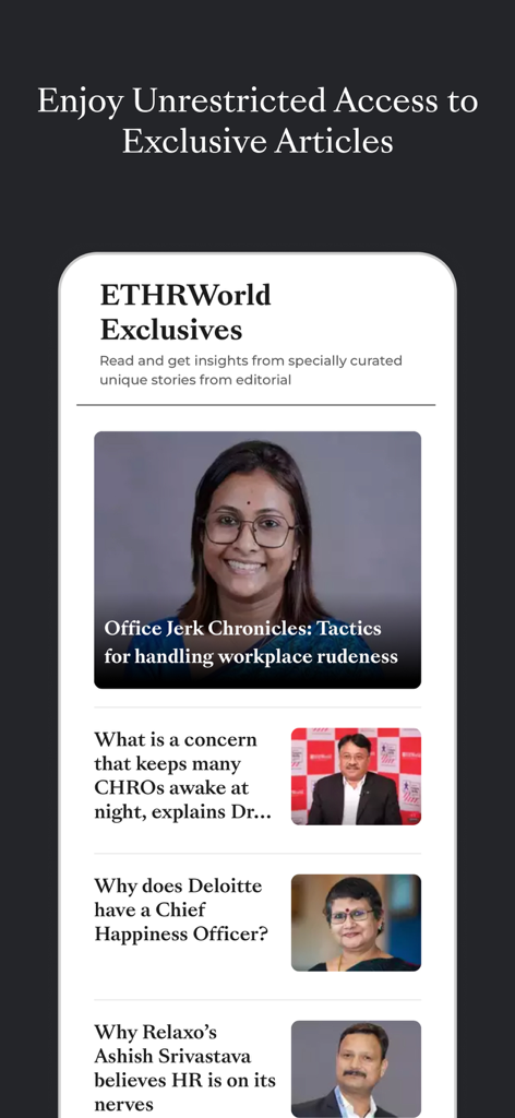 ETHRWorld 앱에서 독점적인 HR 산업 기사 및 편집 통찰력을 보여주는 인터페이스