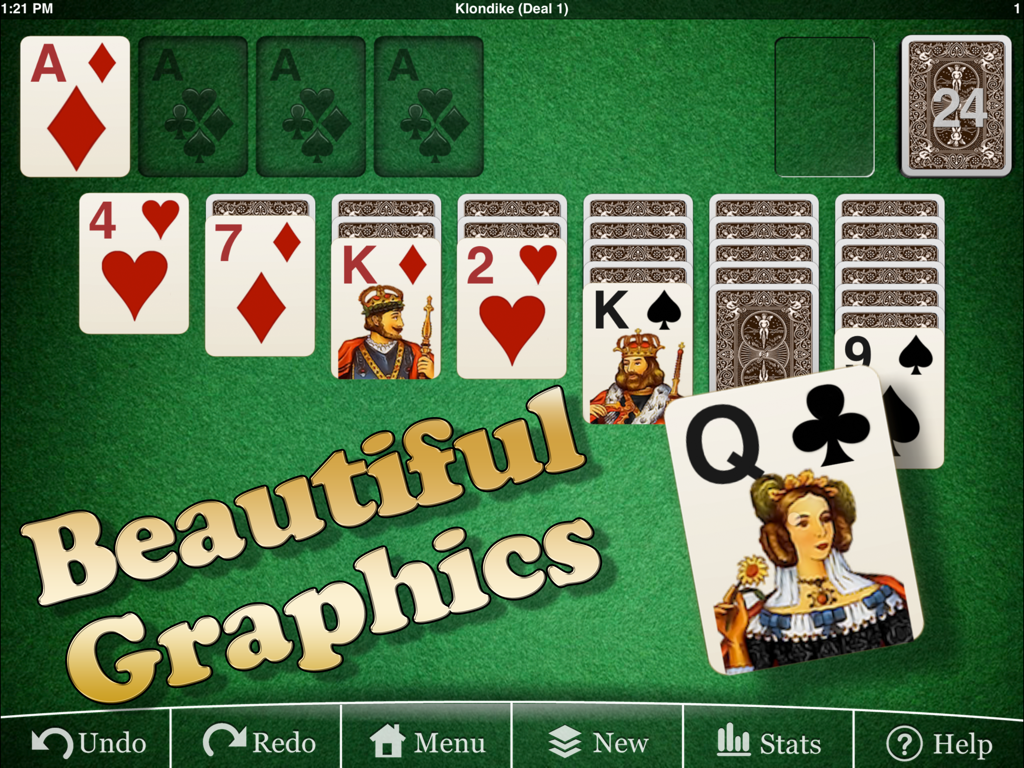 Captura de pantalla de la jugabilidad de Eric's Klondike Solitaire HD Lite que destaca gráficos de alta calidad y diseños de cartas clásicos en un iPad.