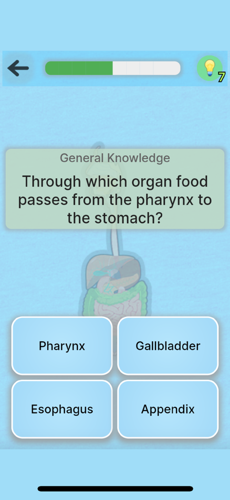 Anatomy Game - Interfaz de la aplicación Juego de Anatomía mostrando una pregunta de opción múltiple de conocimiento general sobre el sistema digestivo.
