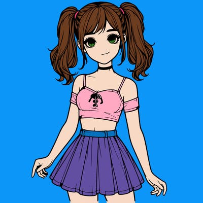 realistic girl in a skirt crop top and pigtails