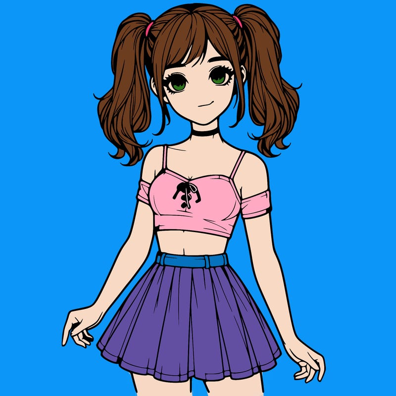 realistic girl in a skirt crop top and pigtails