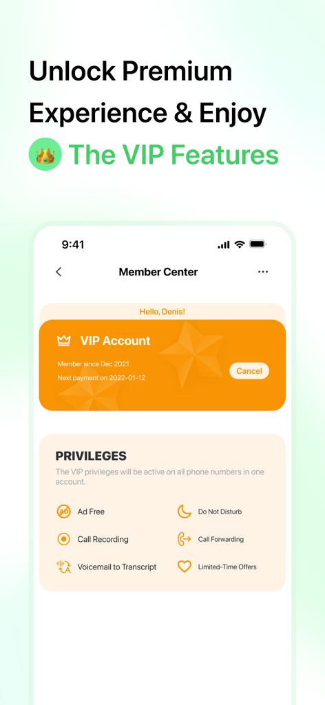 Textr Go: Personal Text & Call - Interface do aplicativo Textr Go mostrando o Centro de Membros VIP com recursos premium como experiência sem anúncios, gravação de chamadas e correio de voz para transcrição.