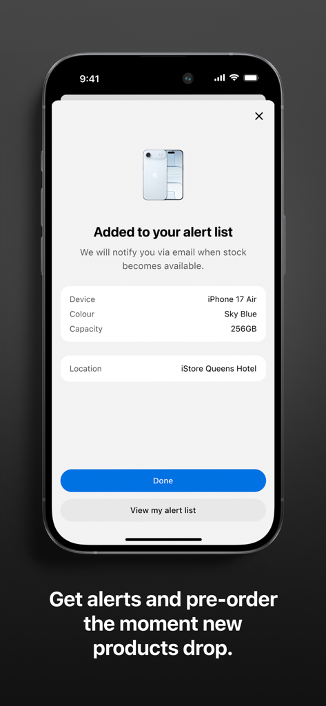 Mobile app screen showing a confirmation for a stock alert and pre-order notification for an iPhone 17 Air.