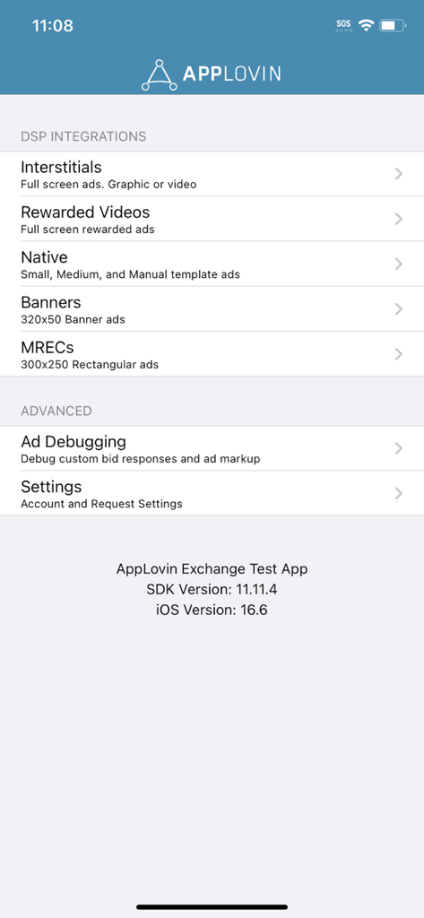 AppLovin Exchange Test App - Main menu of the AppLovin Exchange Test App showing options for DSP integrations including interstitials rewarded videos and ad debugging