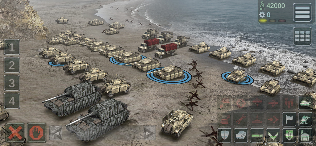 US Conflict — Tank Battles - A massive fleet of tanks and armored vehicles gathered on a beach for a strategic assault