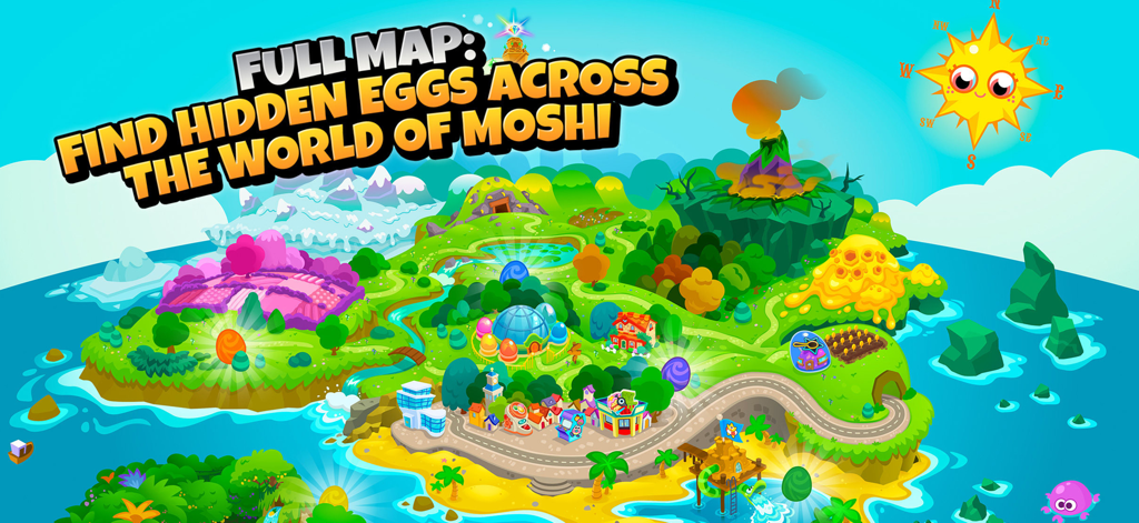 Moshi Monsters Egg Hunt - Colorful cartoon world map of Moshi Monsters Egg Hunt showing different regions and hidden eggs