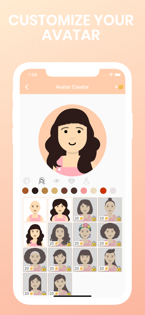 The 21 Days Challenge - User interface of The 21 Days Challenge app showing the avatar creator with various hairstyle and feature options to customize a character.