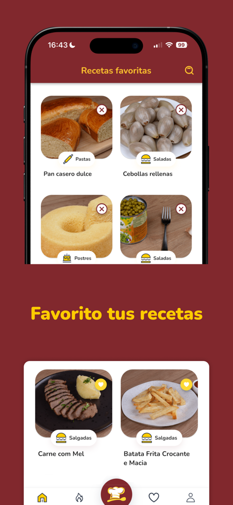 Aquella Receta - Pantalla de recetas favoritas en la aplicación Aquella Receta mostrando varias categorías de comida y platos