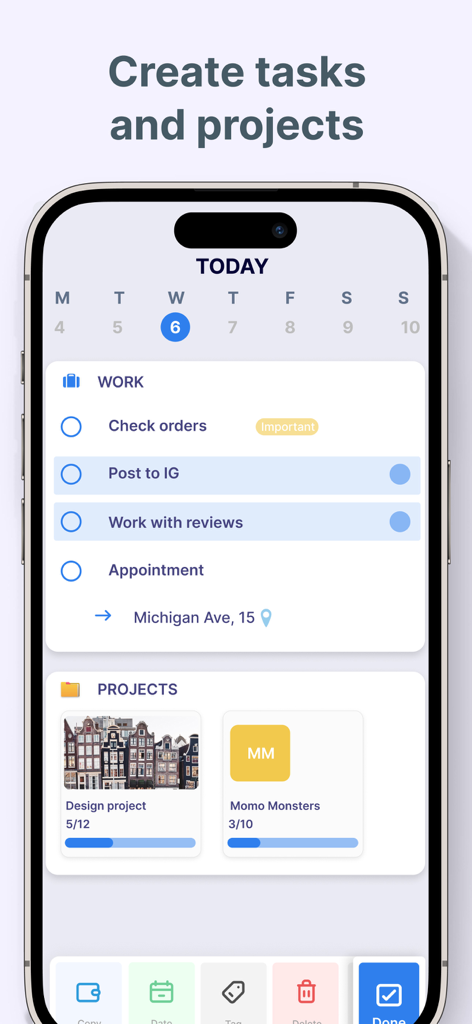 Brite Daily Planner app screen displaying work tasks and project tracking