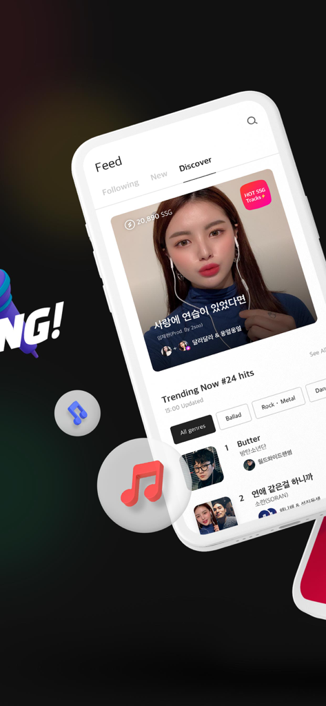 SOMESING with K-pop - The SOMESING app Discover screen showing trending K-pop songs and a featured singer