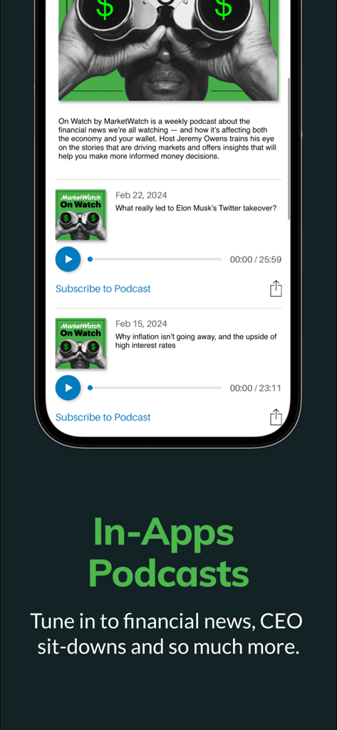 O aplicativo MarketWatch exibindo uma lista de podcasts de notícias financeiras e episódios