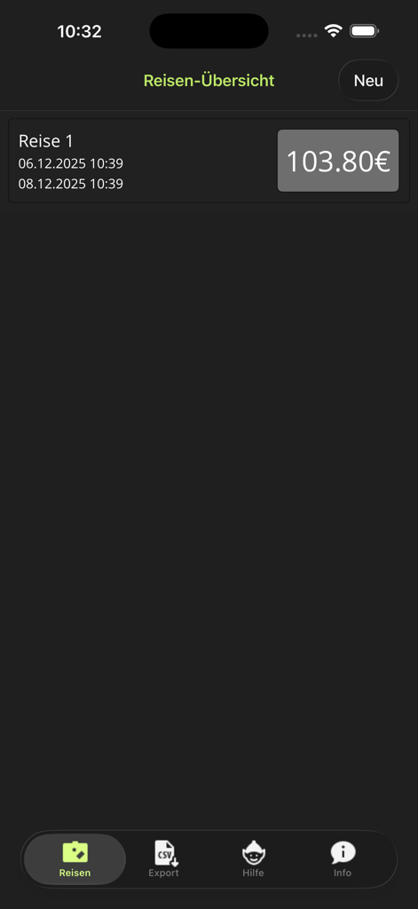 VMA Rechner NE - Tela de visão geral da viagem no aplicativo VMA Rechner mostrando uma viagem de negócios salva com um subsídio de refeição calculado de 103,80 Euros.