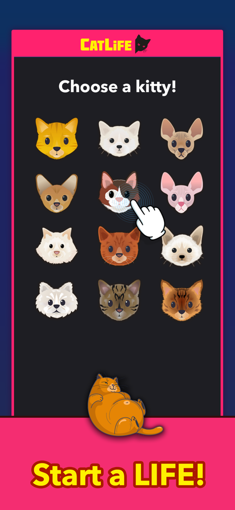 BitLife Cats - CatLife - Pantalla de selección de gatitos en CatLife que muestra varios avatares de gatos y un botón para iniciar la vida.