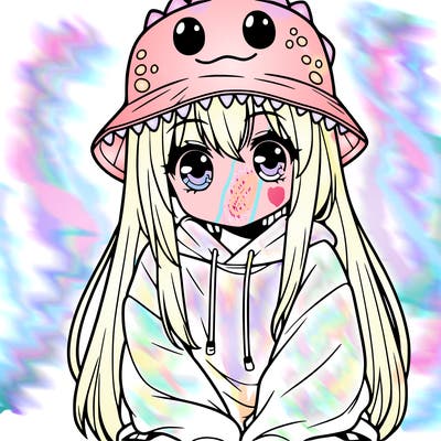 girl with anime shaped eyes with a dinosaur bucket hat oversized sweatshirt long straight hair