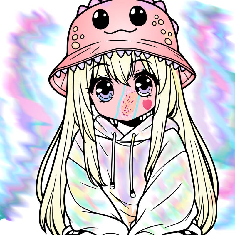 girl with anime shaped eyes with a dinosaur bucket hat oversized sweatshirt long straight hair