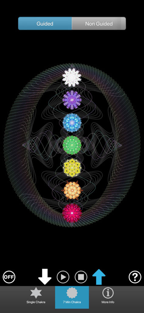 Chakra Tuner Jonathan Goldman - Interface of the Chakra Tuner app showing seven colorful chakras aligned vertically with meditation controls