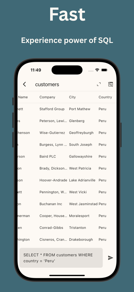 PhoneSQL mobile app interface displaying a SQL query table for customers and a code input field on a smartphone screen