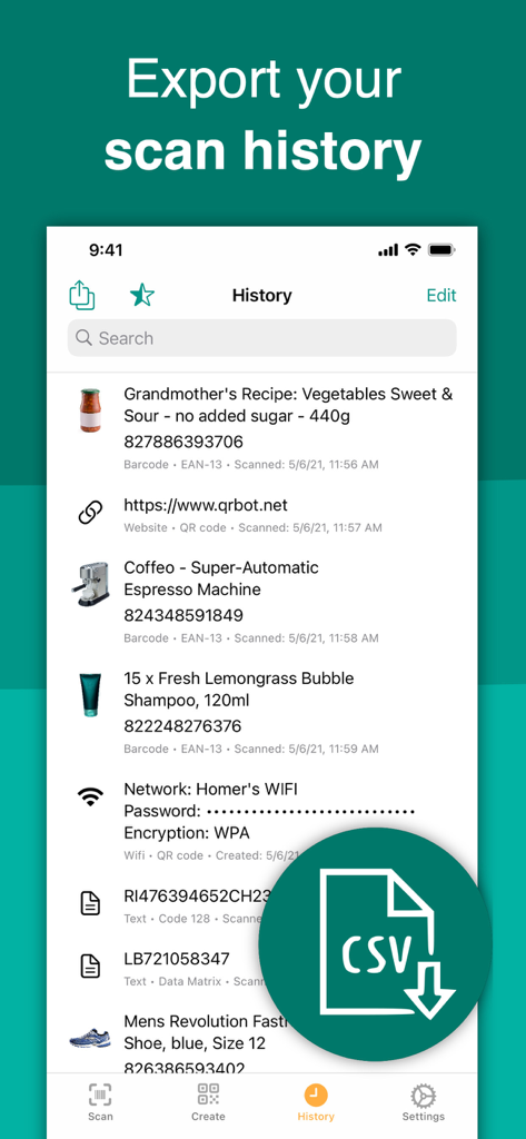Schermata della cronologia delle scansioni di QRbot che mostra vari prodotti scansionati e un'icona di esportazione CSV