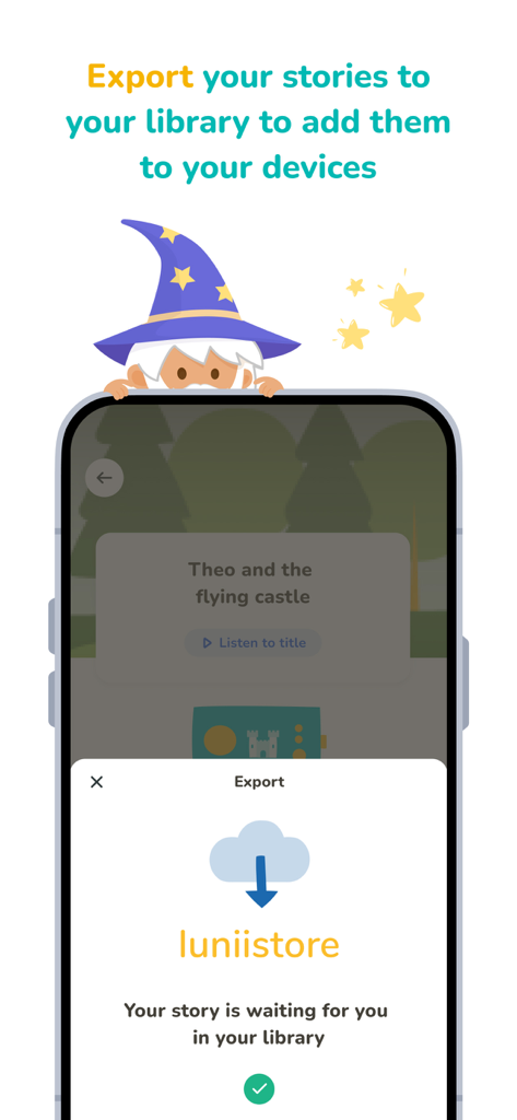 Lunii - スクリーンフリーで聴くためにライブラリにオーディオストーリーをエクスポートする方法を表示するLuniiアプリインターフェース