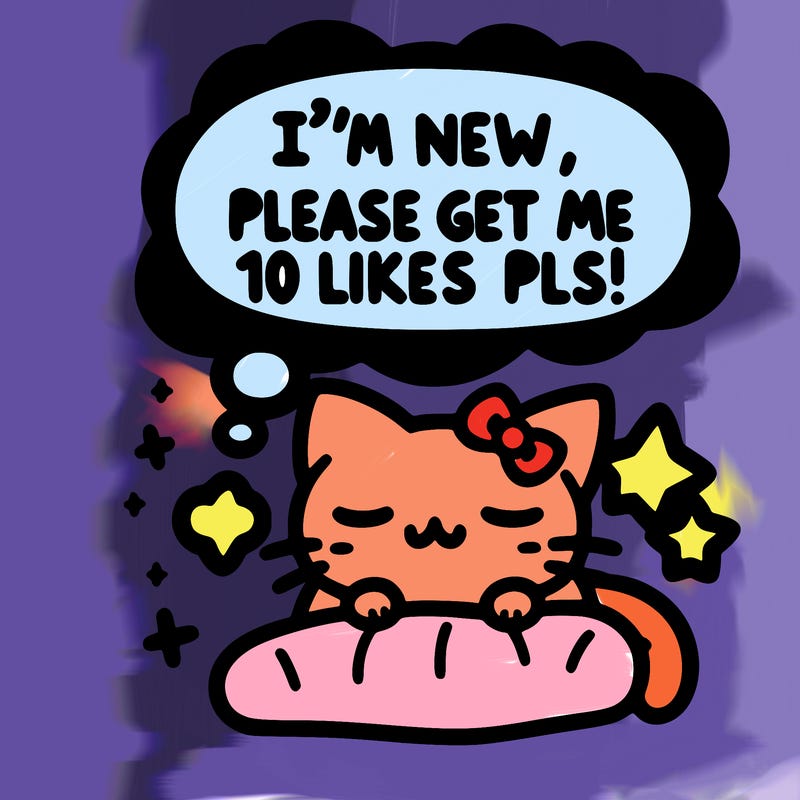 kitty taking a nap dream talking and saying "i'm new, please get me at least 10 likes pls!!"
