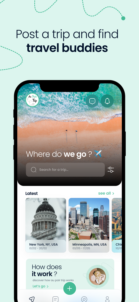 AuPairTrip - Interfaz de la aplicación AuPairTrip que muestra opciones para buscar viajes y encontrar compañeros de viaje.