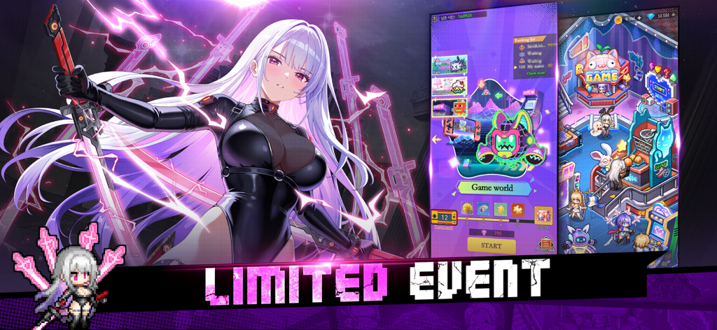 Pixel Saga: Squad RPG - Promotional banner for Pixel Saga Squad RPG limited event featuring an anime warrior and game screenshots.