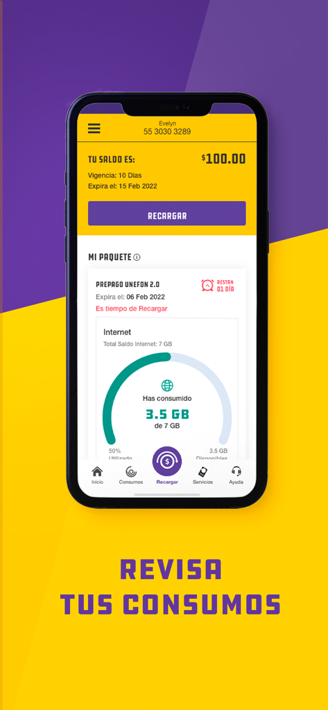 Mi Unefon - Pantalla móvil de la aplicación Mi Unefon que muestra el saldo de la cuenta y las estadísticas de uso de datos