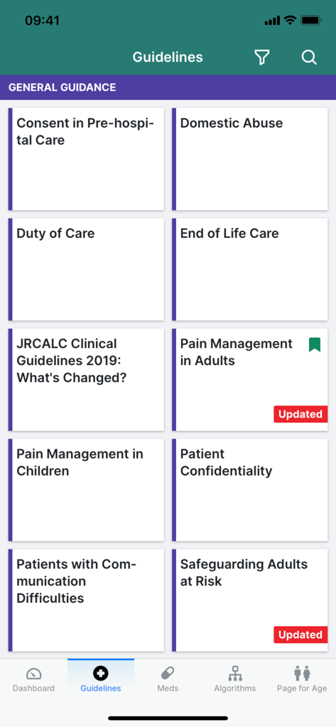 iCPG: the JRCALC Guidelines - 「注意義務」や「疼痛管理」などの医療プロトコルのタイルが表示された、iCPG JRCALCアプリの一般的な臨床ガイドラインメニュー