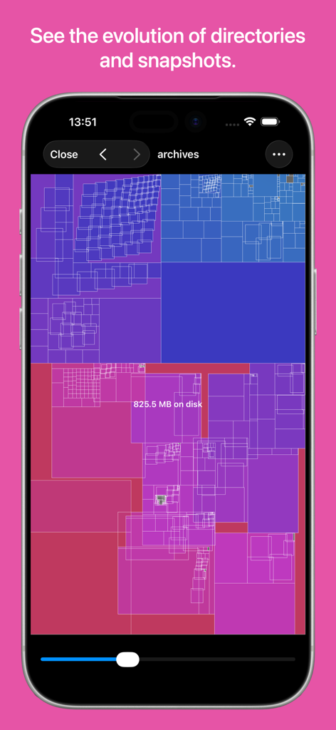 A visual treemap display in the Disk Graph app showing file size distribution and storage usage on a smartphone screen