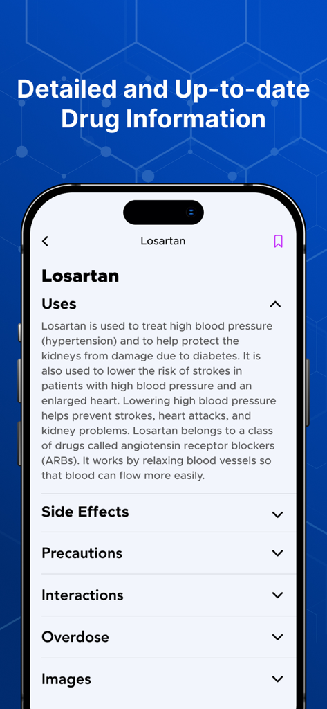 Medication List & Drug Guide - Pantalla de aplicación móvil que muestra información detallada del fármaco Losartán, incluyendo sus usos, efectos secundarios y precauciones
