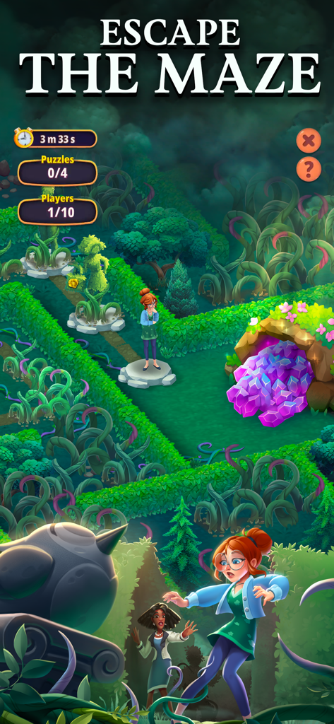 Merge Gardens - Charaktere navigieren durch ein Heckenlabyrinth im Handyspiel Merge Gardens.