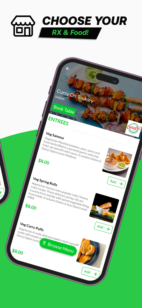 Tela do aplicativo móvel OZFOODHUNTER mostrando o menu de um restaurante indiano com entradas e preços