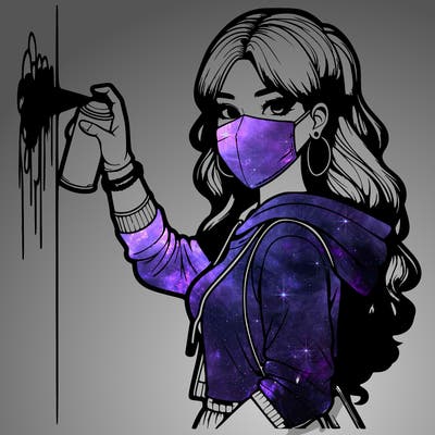 realistic girl with mask spray painting a wall