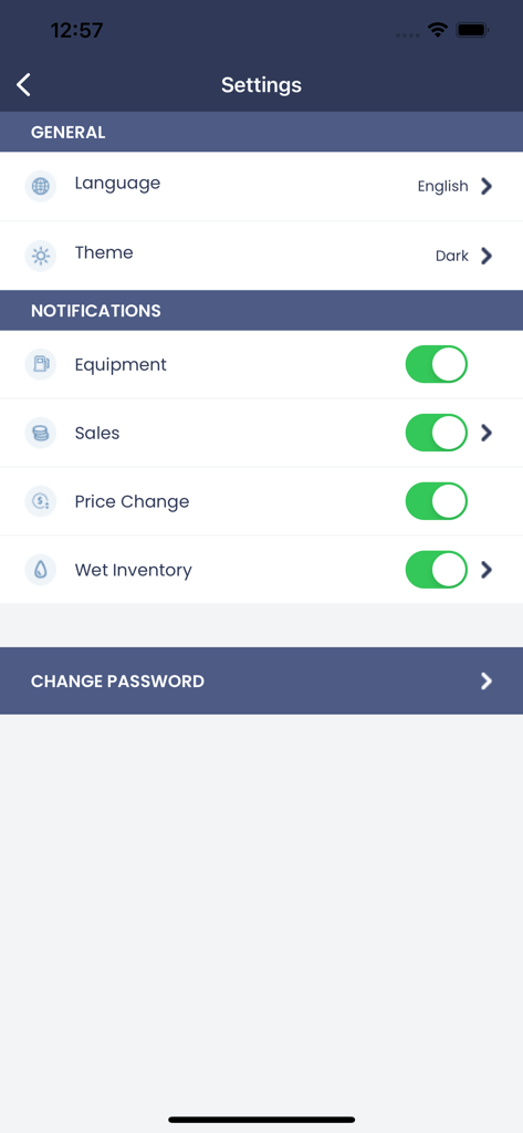 MiSite Manager - L'interfaccia delle impostazioni dell'app MiSite Manager che mostra le opzioni di notifica per la gestione della stazione di servizio