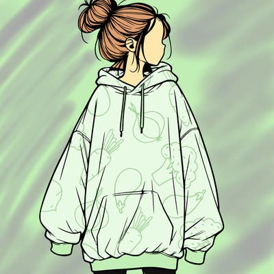 realistic girl with a oversized sweatshirt on and a bun