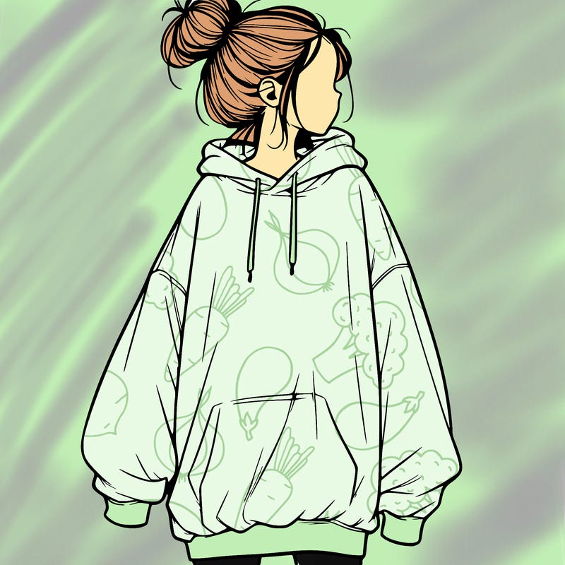 realistic girl with a oversized sweatshirt on and a bun