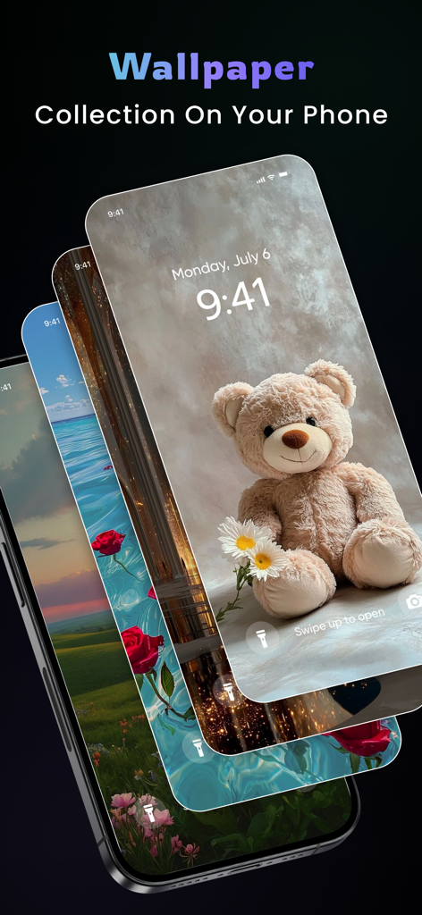 Una pila de pantallas de iPhone mostrando varios fondos de pantalla estéticos, incluyendo un osito de peluche y diseños florales