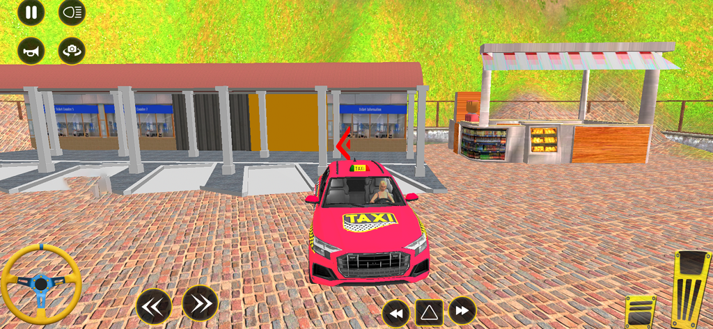 Um táxi rosa em um jogo simulador de direção 3D estacionado perto de uma estação com controles na tela.