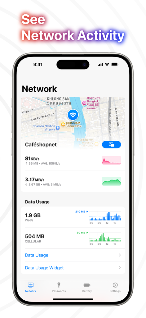 NetMonitor+ - NetMonitor plus app interface showing real-time network speed stats and data usage charts on an iPhone